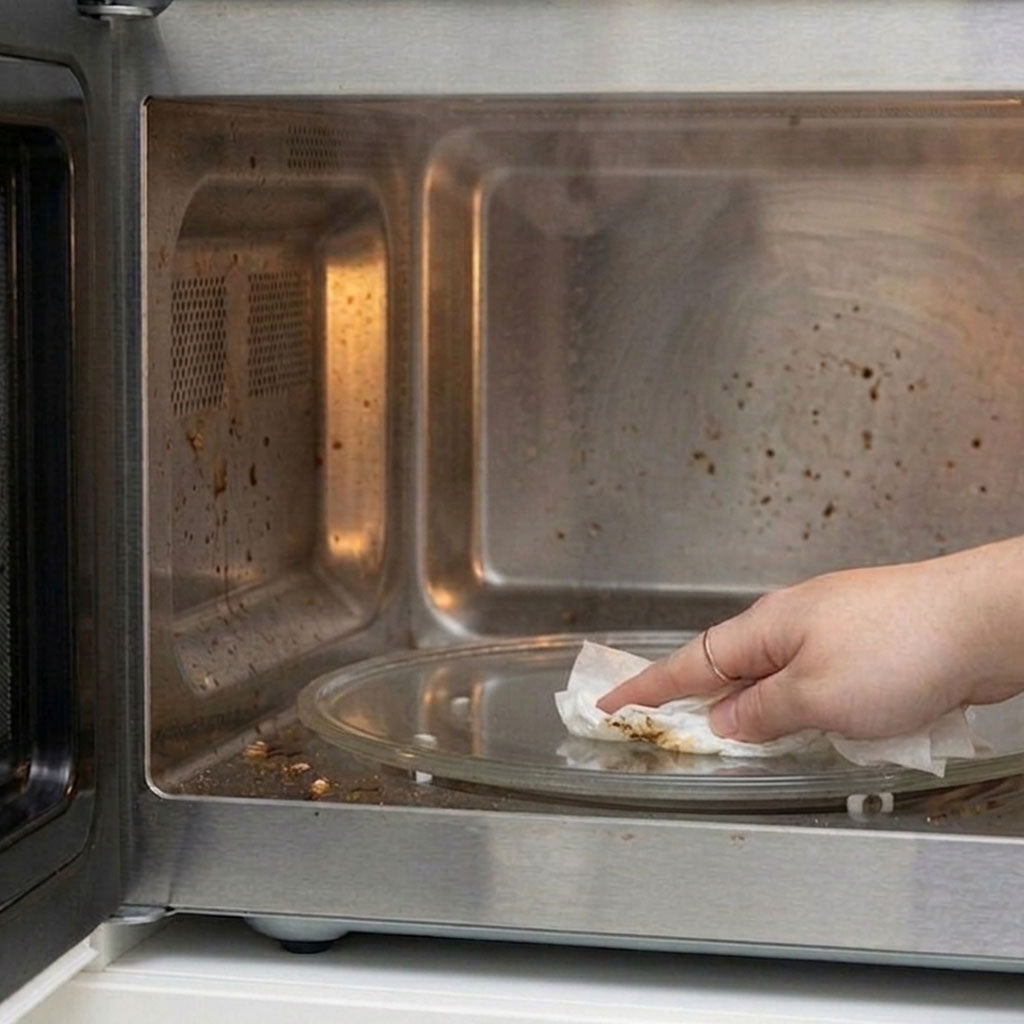 Silicone microwave cleaner removing grease and food splatters with steam.
