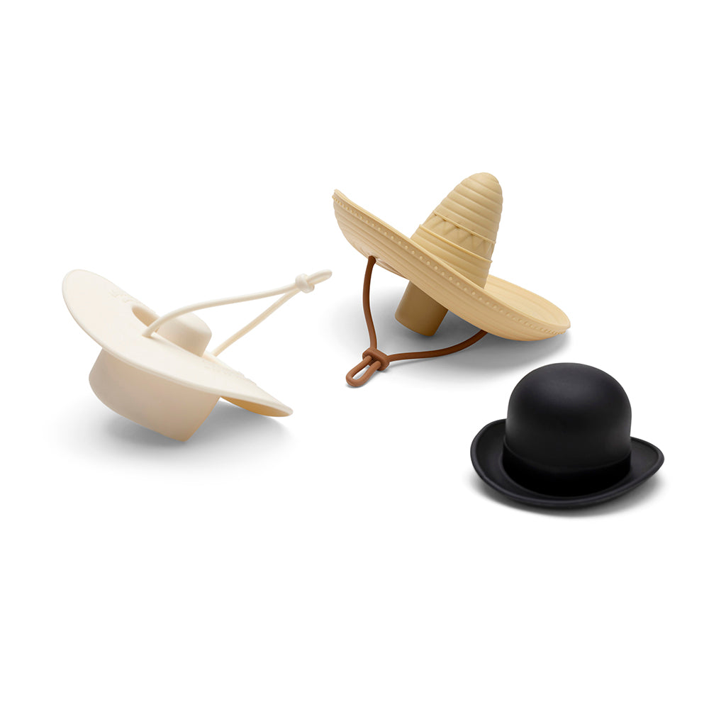 Reusable BPA-free silicone wine bottle stoppers with playful hat designs