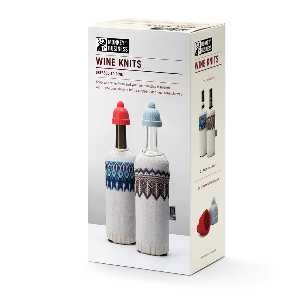 Wine Knits bottle sweater gift set in colorful gift box packaging.
