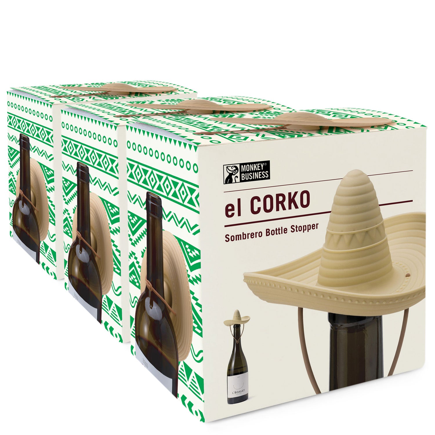 Box of 'el Corko' sombrero bottle stopper with bundel gift packaging design.