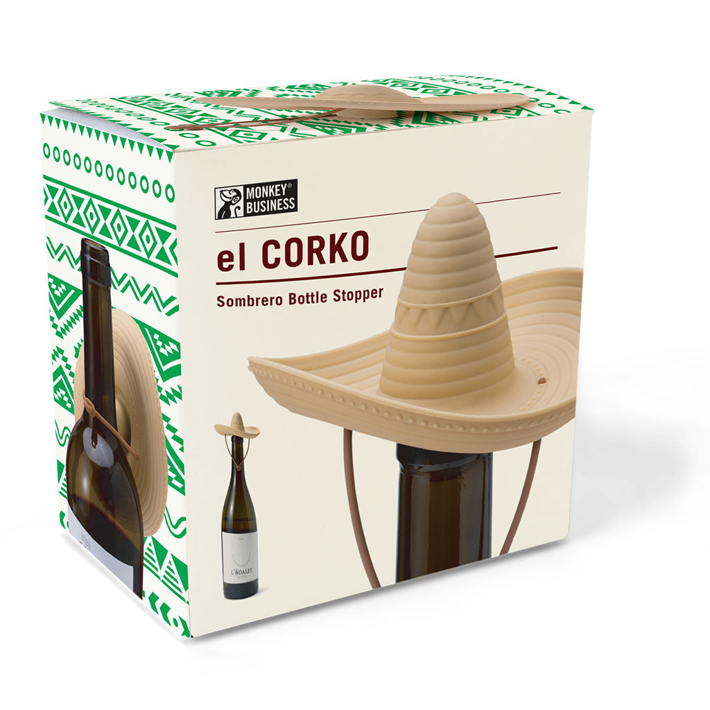 el CORKO Silicone Wine Stopper Sombrero Monkey Businessr with a Mexican touch gift pack