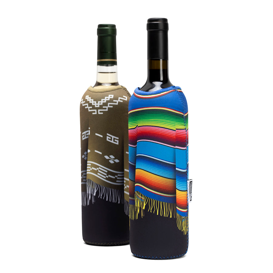 neoprene wine bottle sleeves in vibrant poncho designs, designed to keep wine chilled and add fun to any table.