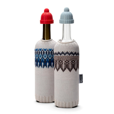 Wine bottle sweater gift set with reusable bottle covers and silicone wine stoppers.