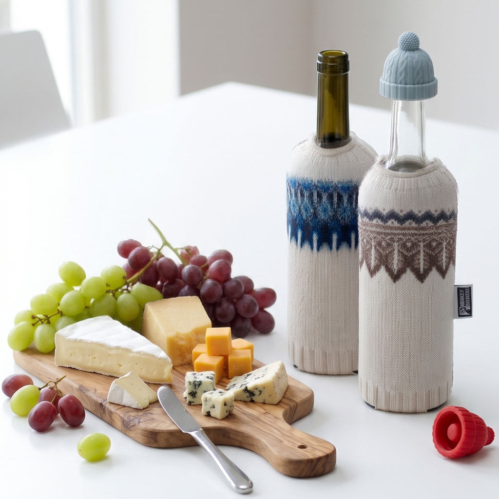 Wine bottle sweater set decorating a dinner table for entertaining guests.
