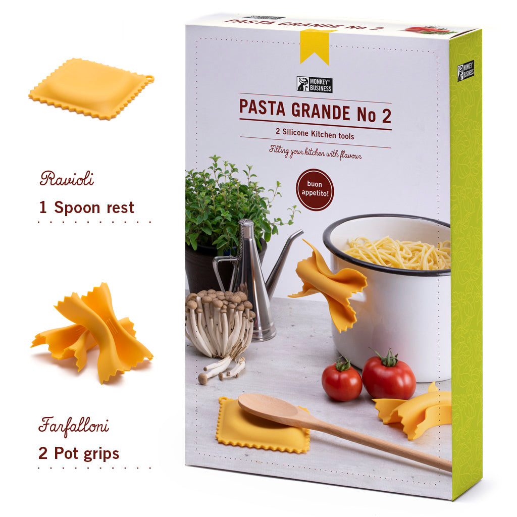 Gift box of Italian cooking accessories with pasta shapes