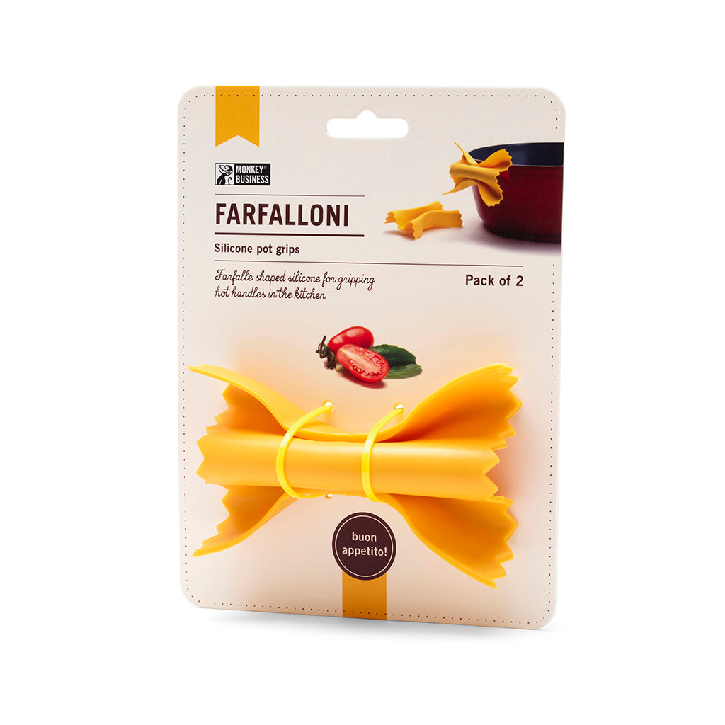 fun pot handle covers shaped like farfalle by Monkey Business - gift box