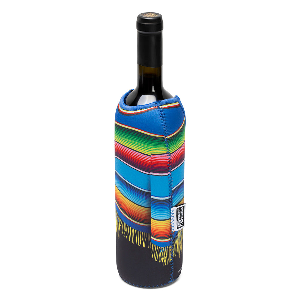 Flat view of neoprene poncho sleeves showing back and bottom slits for easy fitting on wine bottles.