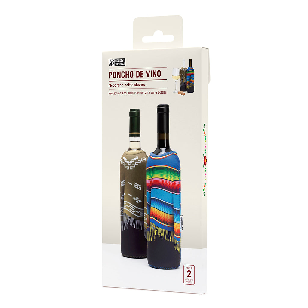 Two neoprene wine bottle sleeves in vibrant poncho designs, designed to keep wine chilled and add fun to any table.
