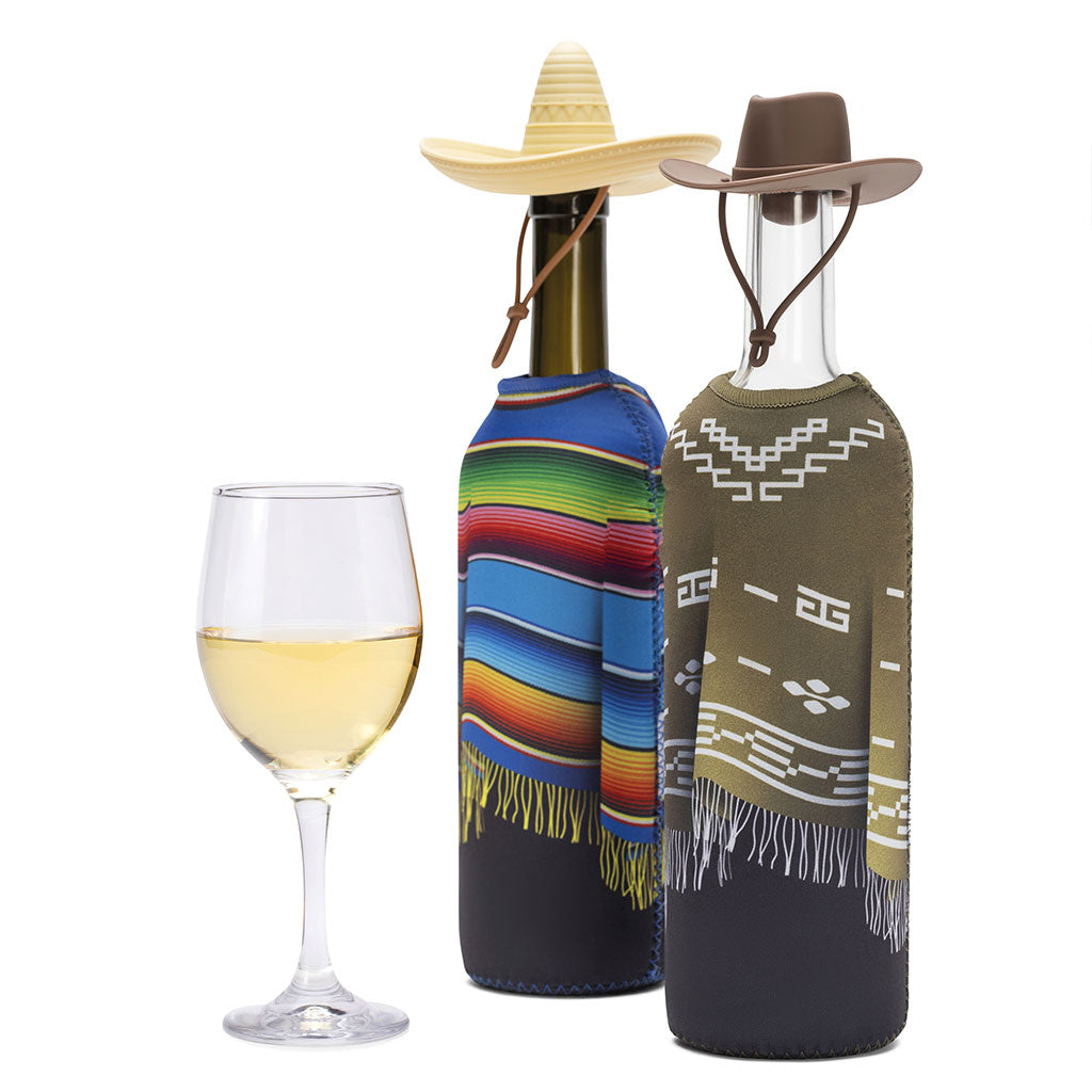 Set contents – two neoprene wine ponchos and two silicone wine stoppers shaped like a cowboy hat and sombrero.