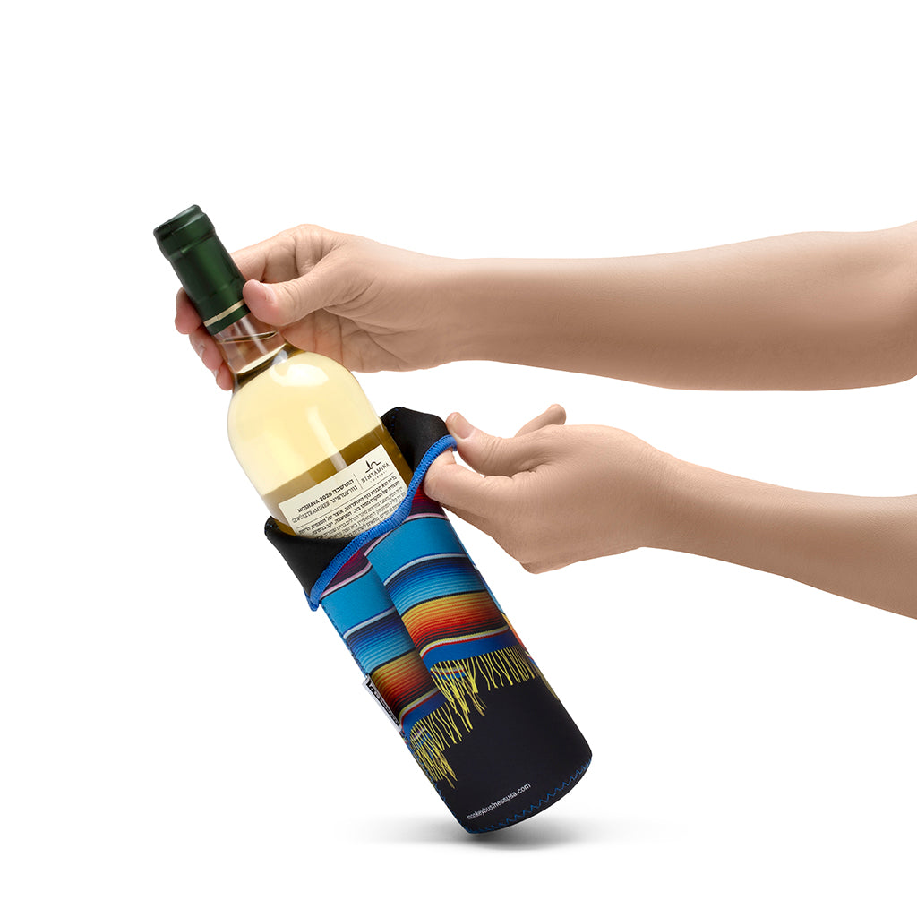 Flat view of neoprene poncho sleeves showing back and bottom slits for easy fitting on wine bottles.