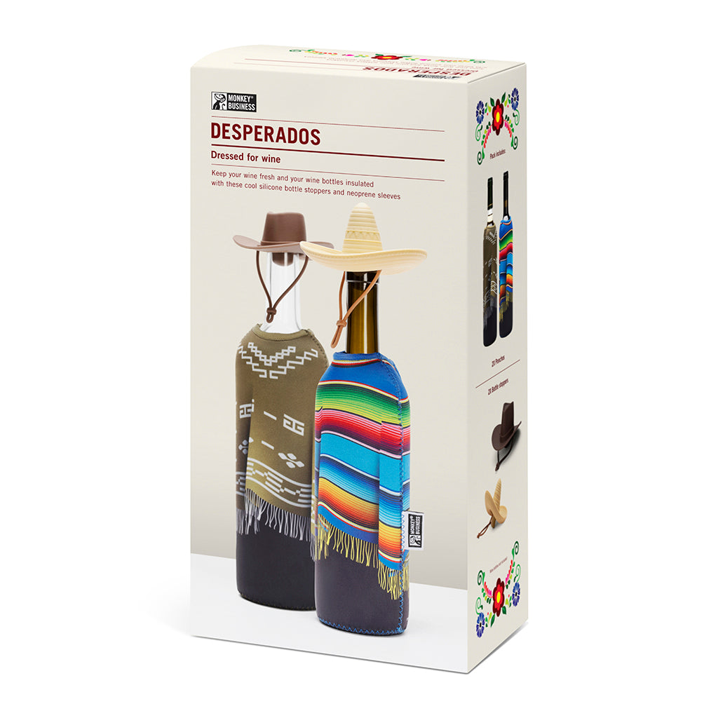 Desperados de Vino gift set box showing playful Wild West-themed wine accessories – two neoprene bottle covers and two silicone stoppers. gift box for wine lovers