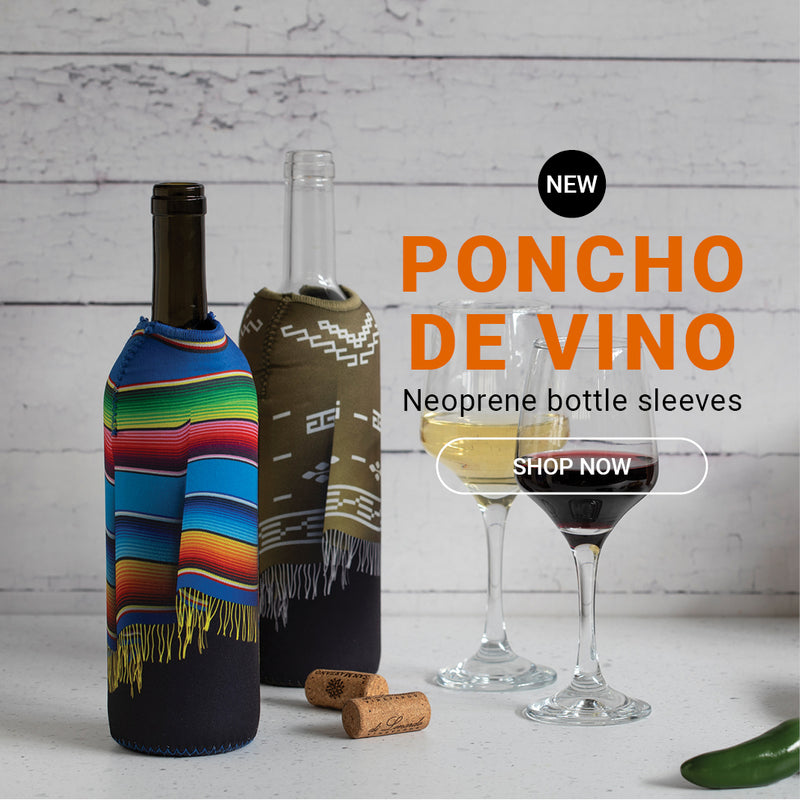 gift for wine lovers wine bottle sleeves in vibrant poncho designs, designed to keep wine chilled and add fun to any table. 