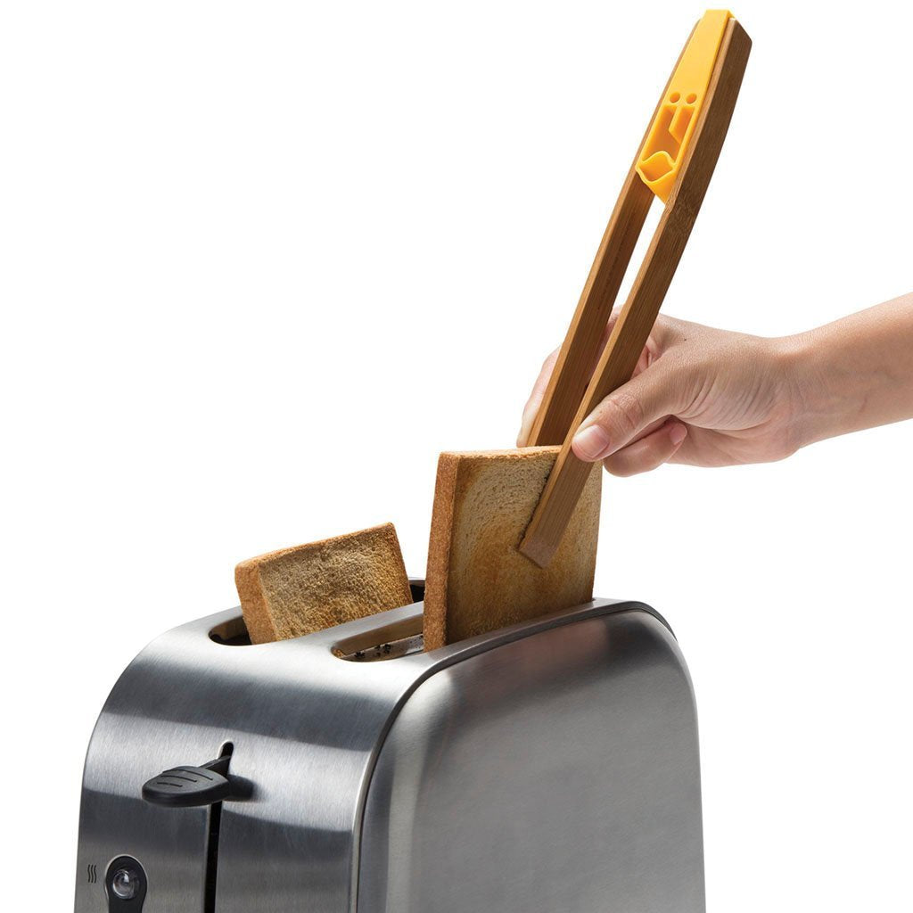 Playful wooden tongs with silicone grip for cooking