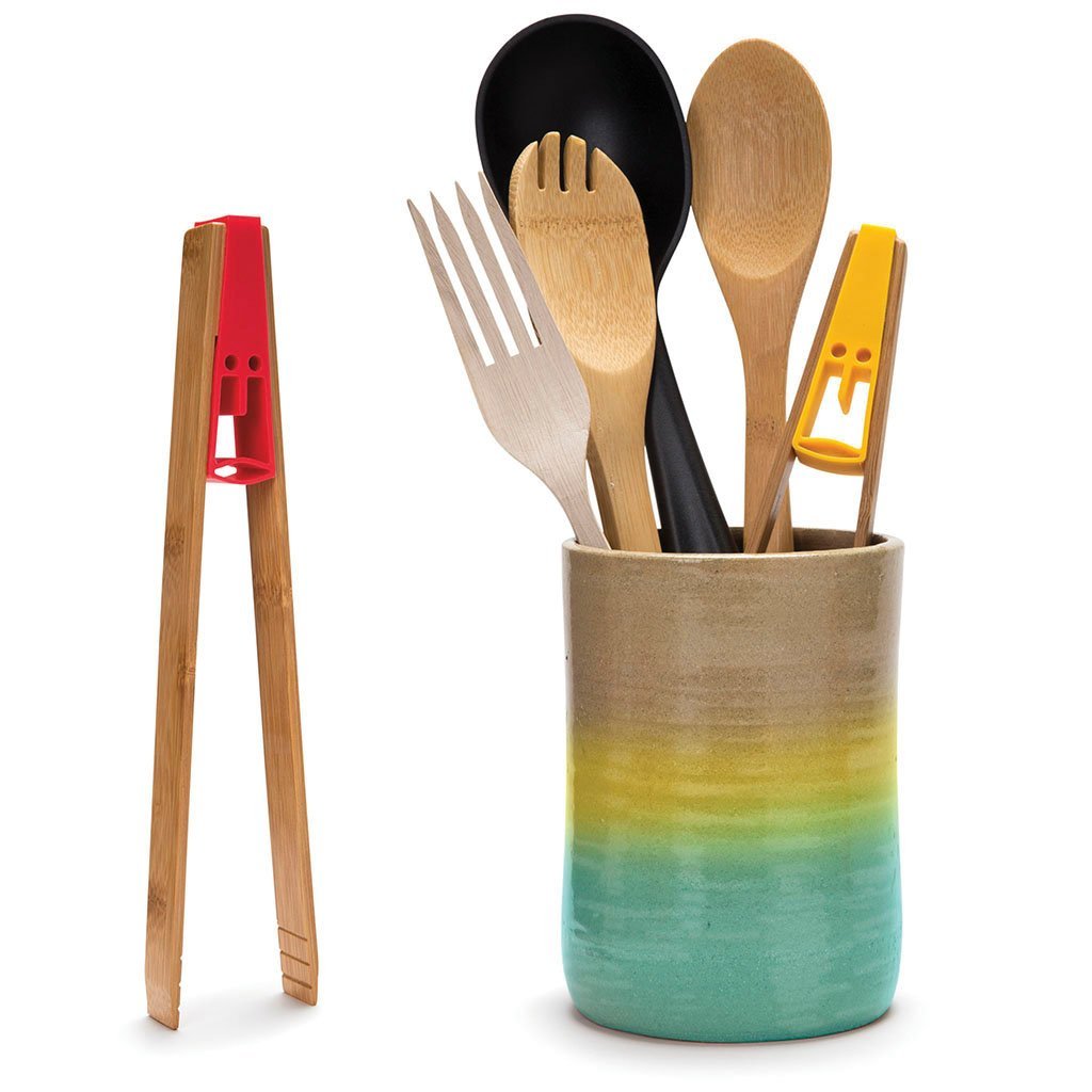 Playful wooden tongs with silicone grip for cooking