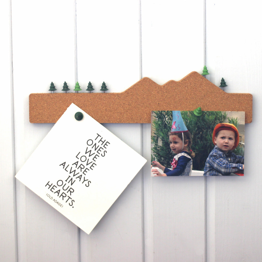 Memo Mountain Mini cork note board with tree-shaped pins