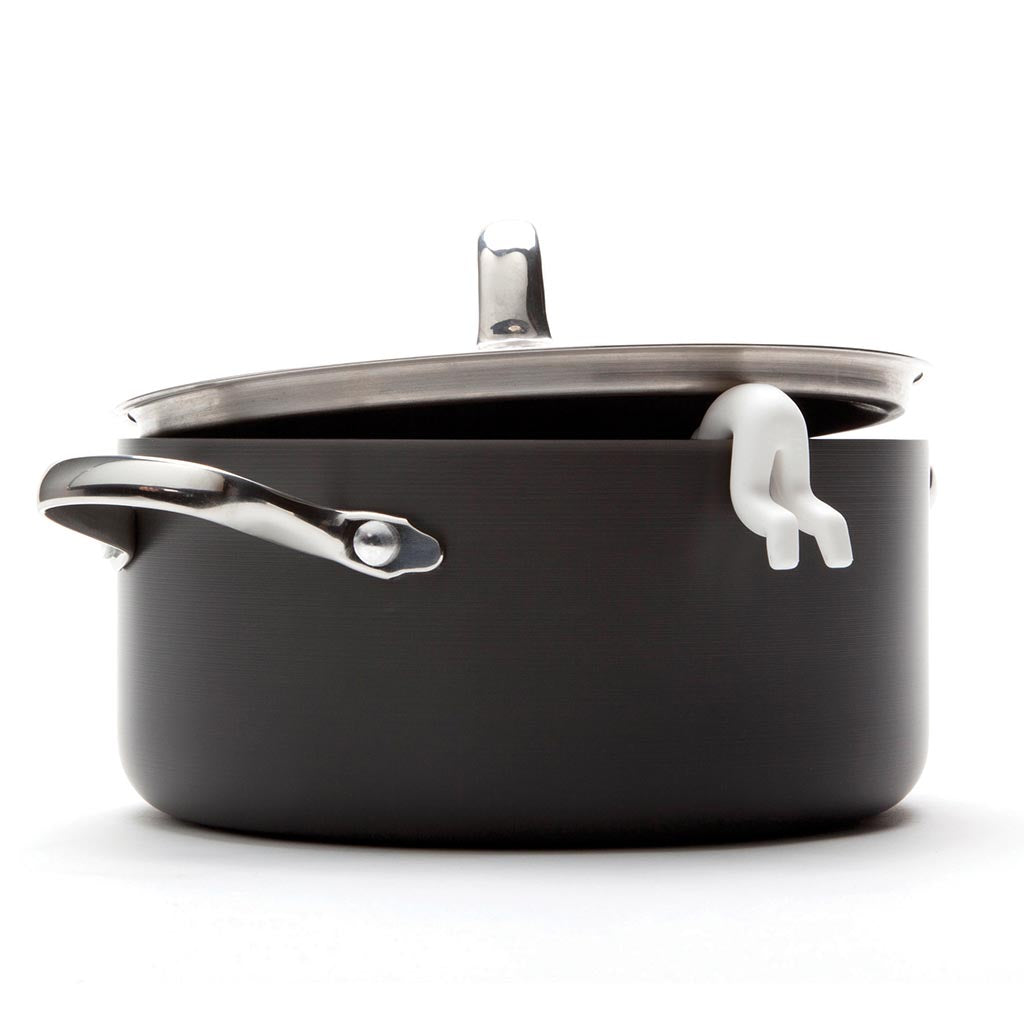 Lid Sid Silicone steam release figurine holding a pot lid open